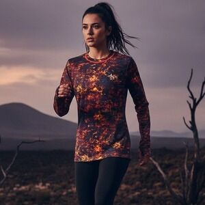 Under Armour Cold Gear Fitted Atheletic Top Womens S/P Blk Orange Abstract Magma